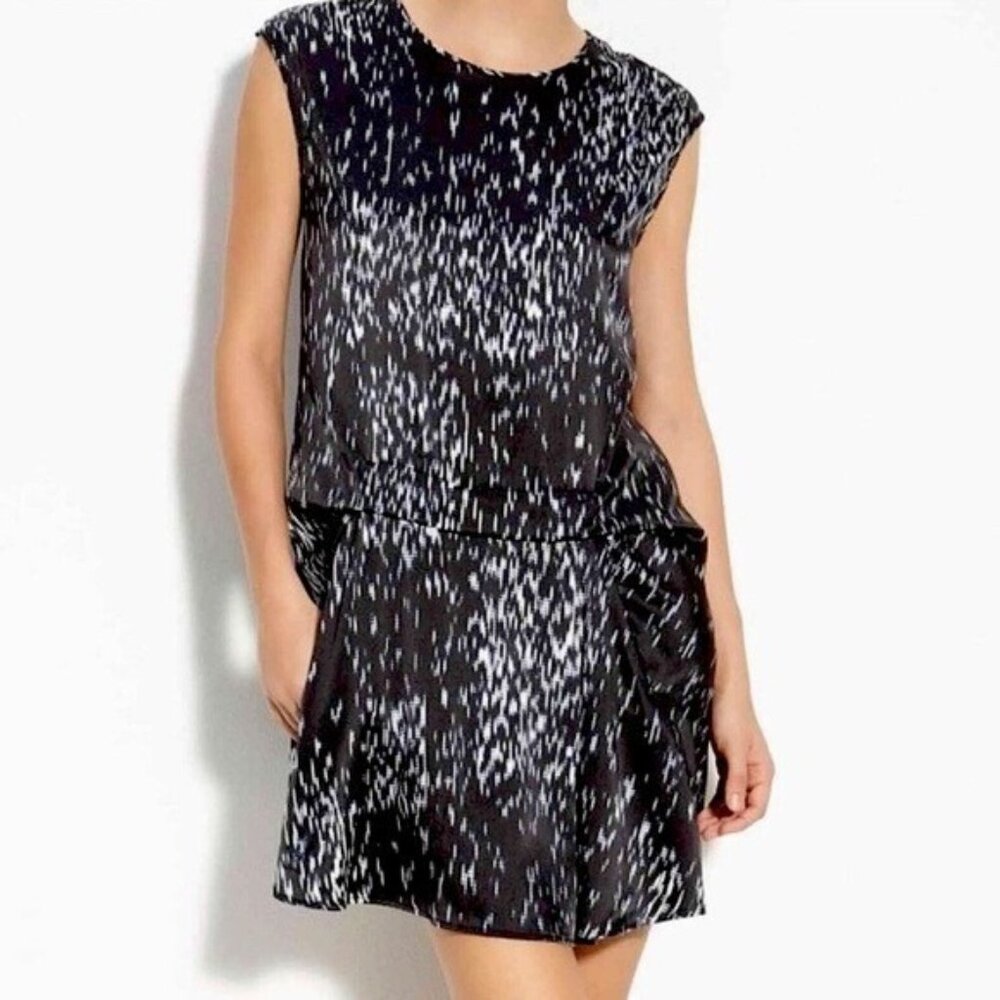 Theory Womens 12 Shadrin Black Print Stretch Silk Dress Sleeveless